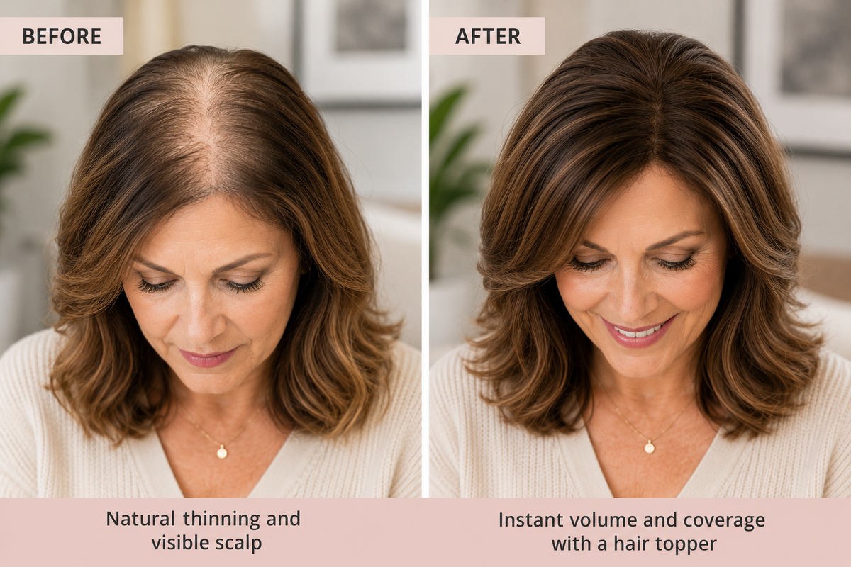 Before and after hair topper transformation showing improved crown coverage, natural volume, and fuller-looking hair for a woman experiencing thinning hair and visible scalp at the part line.