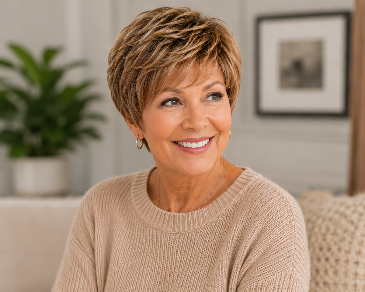 Beginner wig collection featuring a mature woman wearing a lightweight short layered synthetic wig with natural volume and movement, ideal for thinning hair and everyday confidence.