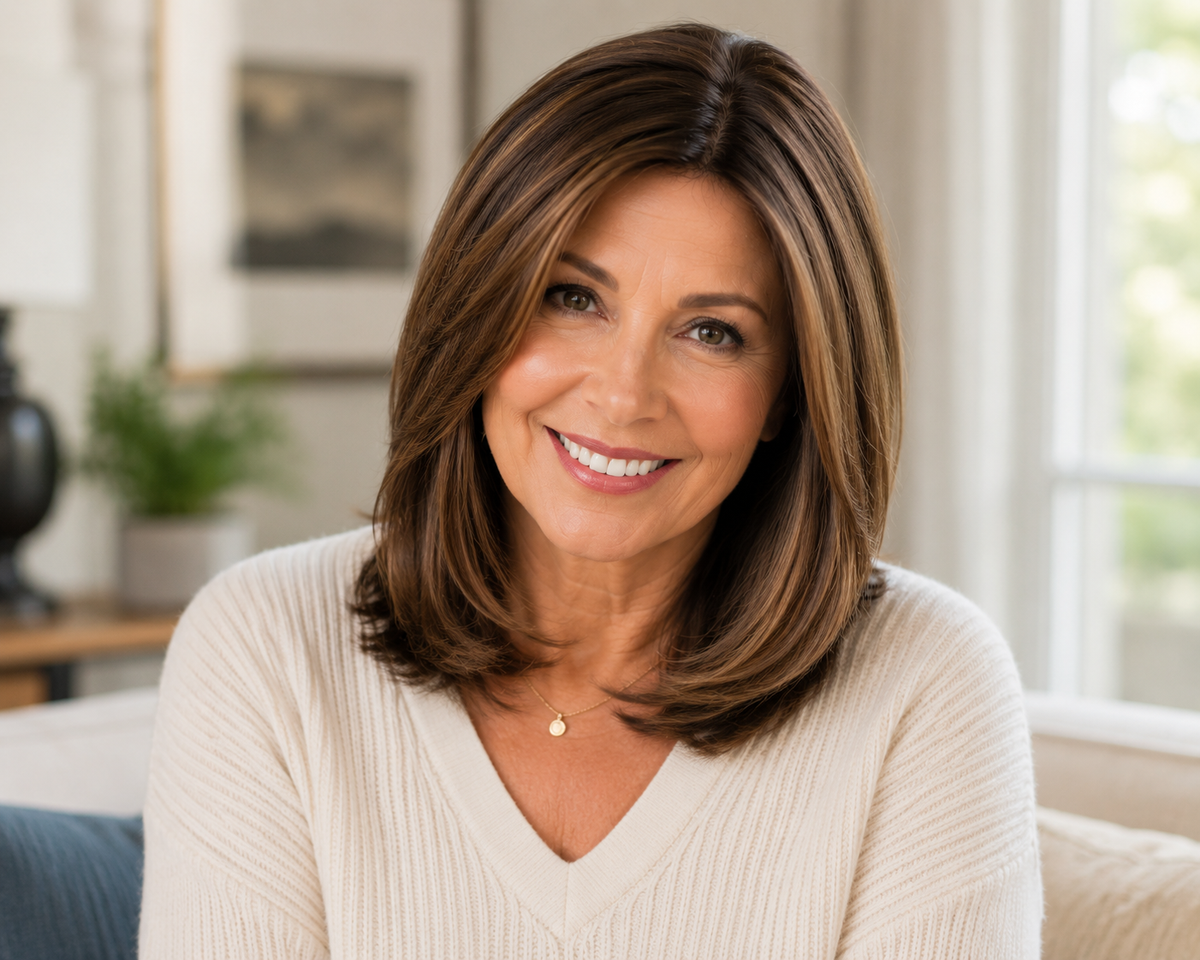 Human hair wig with natural movement and soft layers worn by a smiling woman in a comfortable home setting