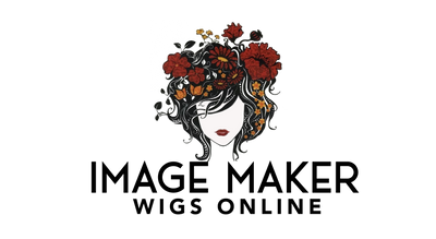 Logo for Image Maker Wigs Online featuring a stylized woman's face with flowers in her hair drawing attention to wig wearers